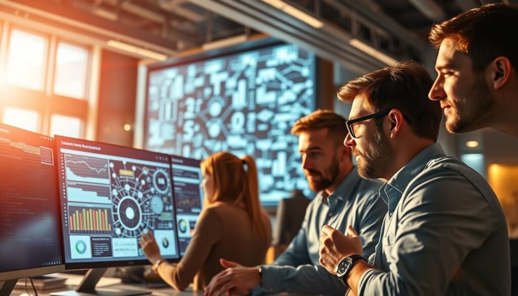 A corporate office space, illuminated by warm, directional lighting, showcases the challenges of digital transformation. In the foreground, a team of professionals grapple with a complex digital dashboard, their expressions reflecting the tension of navigating new technologies. In the middle ground, fragmented data streams and outdated systems create a web of confusion, while in the background, a looming digital wall represents the barriers to organizational change. The scene conveys the sense of an uphill battle, where the promise of modernization is tempered by the realities of legacy infrastructure and workforce resistance.