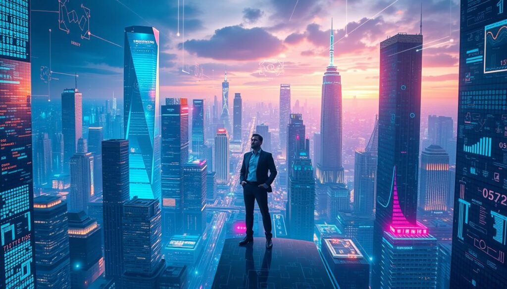 A sleek, futuristic cityscape illuminated by hues of neon and holographic displays. A central figure, a digital transformation consultant, stands poised amidst a swirl of data streams, algorithms, and interconnected devices. The background is a futuristic metropolis, with skyscrapers that seem to reach the clouds, their facades adorned with intricate, ever-changing patterns. Soft, diffused lighting casts a dreamlike glow over the scene, creating a sense of technological wonder and progress. The overall composition conveys a harmonious balance between the human element and the digital world, representing the key elements of a successful digital transformation strategy.