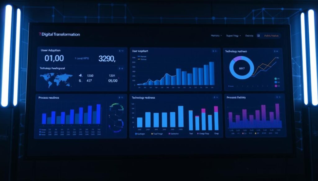A sleek, minimalist data dashboard illuminated by cool LED lighting, showcasing a variety of digital transformation metrics such as user adoption, process efficiency, and technology readiness. The foreground features a clean, responsive interface with intuitive visualizations and interactive elements. The middle ground presents high-level KPIs and performance indicators against strategic goals, while the background depicts a wire-frame grid, symbolizing the connected, digital ecosystem. The overall mood is one of progress, precision, and data-driven decision making, reflecting the success of the digital transformation strategy.