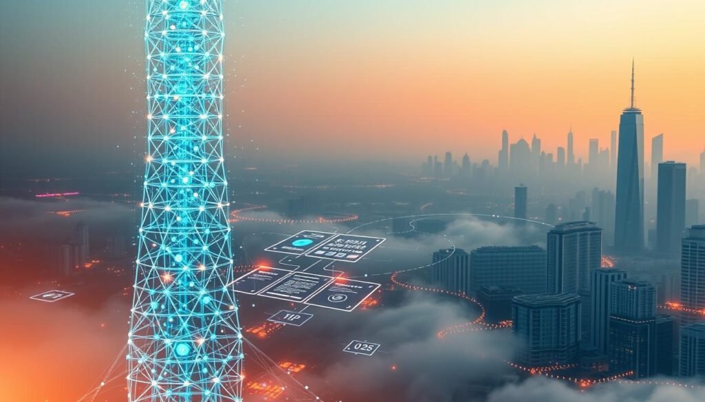 An abstract digital landscape reflecting the power of digital transformation strategy. A towering data structure dominates the foreground, its intricate lattice of interconnected nodes and circuits glowing with an otherworldly luminescence. In the middle ground, sleek UI elements and holographic interfaces float amid a cloud of binary code, hinting at the seamless integration of technology into business processes. The distant background fades into a hazy, futuristic cityscape, its skyscrapers and infrastructure emblematic of the sweeping changes that digital transformation can bring. Warm, diffused lighting bathes the scene, creating a sense of dynamism and progress. The overall tone is one of innovation, efficiency, and the boundless potential of the digital age.
