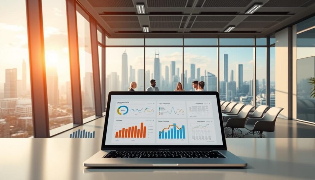 a highly detailed and photorealistic digital illustration of a modern digital transformation strategy, set in a sleek corporate workspace. the foreground features a laptop display showing a dashboard with charts, graphs, and analytics visualizing key digital transformation metrics. in the middle ground, a diverse team of business and technology professionals are collaborating around a large conference table, engaged in a strategy discussion. the background depicts an expansive, panoramic window view of a futuristic cityscape, with skyscrapers and autonomous vehicles visible. the overall scene conveys a sense of innovation, progress, and the seamless integration of digital technology into the fabric of the business.