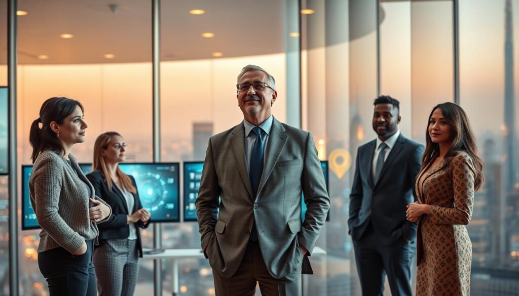 digital transformation leadership, a C-suite executive leading a team of diverse professionals, standing confidently in a modern, glass-walled office overlooking a city skyline, with technology monitors and holographic displays in the background, warm lighting creating a sense of vision and purpose, the leader's gaze fixed on the future, conveying a sense of strategic foresight and innovative spirit, the team members engaged and inspired, poised to embrace the challenges of digital transformation