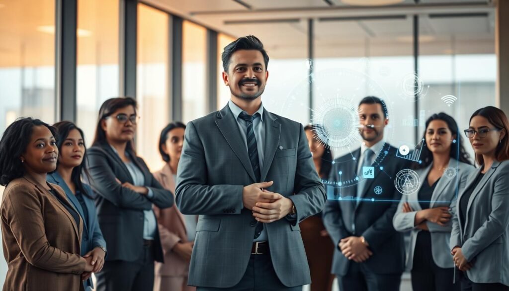 A business executive leading a team of diverse professionals, guiding them through a transformative AI integration process. In the foreground, the executive stands tall, hands clasped, exuding confidence and purpose. The team members surround them, faces alight with curiosity and anticipation. In the middle ground, a holographic display showcases intricate data visualizations, symbols of the AI system's inner workings. The background depicts a sleek, modern office environment, floor-to-ceiling windows casting a warm, soft light that illuminates the scene. The overall atmosphere conveys a sense of progress, innovation, and collaborative spirit as the team embarks on the AI transformation journey.