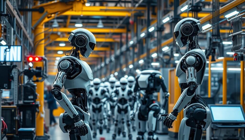 A bustling factory floor, with towering robotic arms and AI-powered exoskeletons working alongside traditional industrial bots. In the foreground, sleek humanoid AI agents collaborate seamlessly, their movements fluid and efficient. In the middle ground, bulky mechanical bots trundle through the space, their rigid motions in stark contrast. The background is a kaleidoscope of whirring machinery, glowing screens, and the warm glow of overhead lighting, creating an atmosphere of technological wonder and progress. The scene conveys the dynamic interplay between the new era of AI-driven workers and the established realm of conventional automation, hinting at the transformative changes shaping the future of industry.