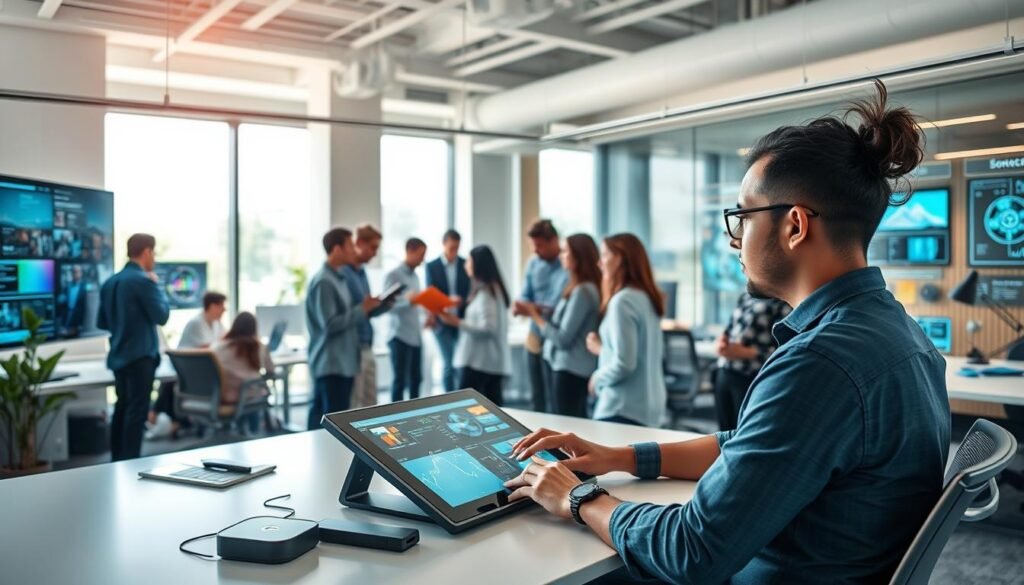A busy office workspace with a team of professionals collaborating on a content creation workflow powered by artificial intelligence. In the foreground, a person sits at a desk, their fingers dancing across a sleek touchscreen device as they review and edit digital content. Surrounding them, a group of colleagues gather around a large, interactive display, analyzing data visualizations and brainstorming ideas. Soft, directional lighting illuminates the scene, creating a modern, productive atmosphere. In the background, various AI-driven applications and tools are seamlessly integrated, automating tasks and optimizing the content lifecycle. The overall impression is one of efficiency, innovation, and the powerful synergy between human creativity and machine intelligence.