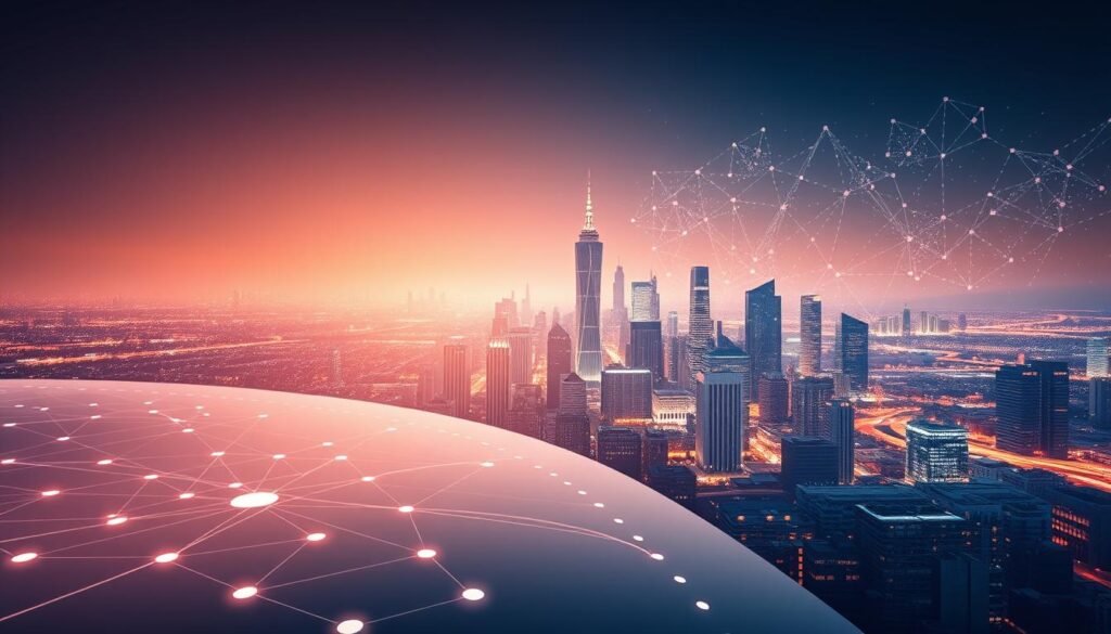 A digital transformation roadmap with a sleek, futuristic aesthetic. In the foreground, a clean, minimalist interface depicting interconnected nodes and data flows, illuminated by warm, diffused lighting. In the middle ground, a panoramic cityscape of gleaming skyscrapers and high-tech infrastructure, conveying the scale and scope of digital transformation. In the background, an ethereal, data-infused landscape of abstract shapes and patterns, hinting at the boundless potential of digital innovation. The overall composition exudes a sense of progress, efficiency, and boundless possibility, capturing the essence of a strategic roadmap for digital transformation in the manufacturing industry. A digital transformation roadmap with a sleek, futuristic aesthetic. In the foreground, a clean, minimalist interface depicting interconnected nodes and data flows, illuminated by warm, diffused lighting. In the middle ground, a panoramic cityscape of gleaming skyscrapers and high-tech infrastructure, conveying the scale and scope of digital transformation. In the background, an ethereal, data-infused landscape of abstract shapes and patterns, hinting at the boundless potential of digital innovation. The overall composition exudes a sense of progress, efficiency, and boundless possibility, capturing the essence of a strategic roadmap for digital transformation in the manufacturing industry.