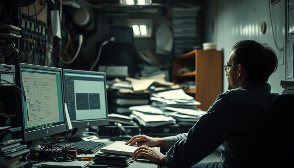 A dimly lit office with a cluttered desk, an overflowing inbox, and a frustrated office worker staring at a computer screen. The air is heavy with the weight of unfinished tasks and technological limitations. In the background, a tangle of cables and outdated hardware hint at the challenges of integrating new AI systems into an existing workflow. The lighting is harsh, casting dramatic shadows that convey the sense of struggle and complexity involved in implementing AI-driven solutions. The overall atmosphere is one of overwhelming confusion and the need for a more streamlined, efficient approach to embrace the potential of AI.