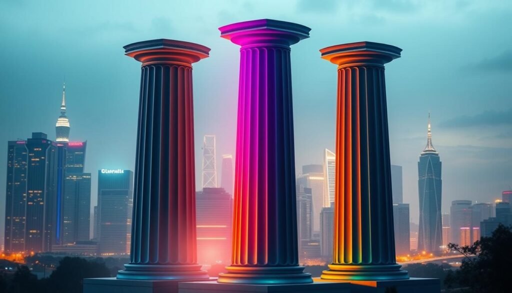 A dynamic city skyline in the background, showcasing the rapid technological progress and innovation. In the foreground, three towering pillars representing the key value drivers of digital disruption - Agility, Efficiency, and Personalization. Each pillar is illuminated with a distinct, vibrant color palette, symbolizing the transformative power of these drivers. A subtle haze and moody lighting create an atmosphere of change and transformation. The image conveys a sense of forward momentum, capturing the essence of how digital disruption is reshaping the business landscape.