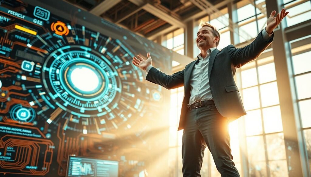 A dynamic, visionary leader standing tall, gesturing expansively against a backdrop of swirling digital interfaces and glowing circuit boards. Sunlight streams in through large windows, casting a warm, inspirational glow. The leader's expression is one of confident determination, guiding a team of innovators through a maze of data visualizations and holographic projections. The image conveys a sense of forward momentum, technological mastery, and the transformative power of courageous, forward-thinking leadership in the digital age.