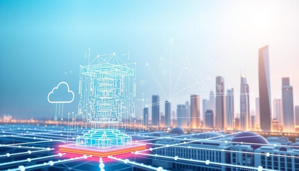 A futuristic, architectural rendering of a blockchain network in an enterprise environment. The foreground features a central blockchain node with a dynamic, three-dimensional visualization of cryptographic data structures and transactions. The middle ground depicts a seamless integration of blockchain with cloud computing, AI, and IoT technologies, represented by abstract icons and geometric shapes. The background showcases a sleek, minimalist cityscape with towering skyscrapers, hinting at the widespread adoption and integration of blockchain within the enterprise landscape. The scene is bathed in a warm, ethereal glow, conveying a sense of innovation, efficiency, and technological sophistication. A futuristic, architectural rendering of a blockchain network in an enterprise environment. The foreground features a central blockchain node with a dynamic, three-dimensional visualization of cryptographic data structures and transactions. The middle ground depicts a seamless integration of blockchain with cloud computing, AI, and IoT technologies, represented by abstract icons and geometric shapes. The background showcases a sleek, minimalist cityscape with towering skyscrapers, hinting at the widespread adoption and integration of blockchain within the enterprise landscape. The scene is bathed in a warm, ethereal glow, conveying a sense of innovation, efficiency, and technological sophistication.