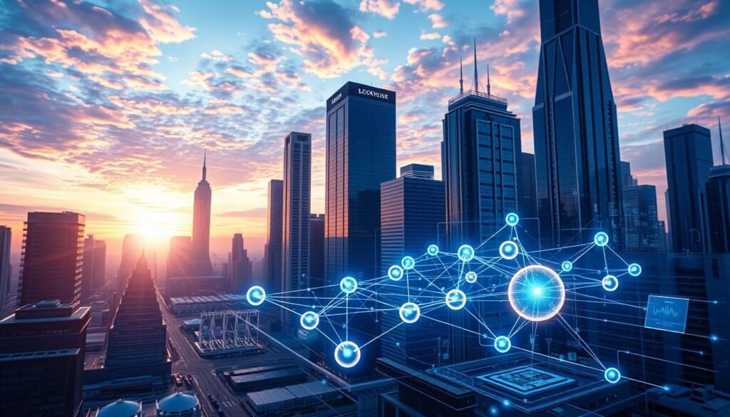 A futuristic cityscape with towering skyscrapers and sleek, modern architecture. In the foreground, a shimmering holographic display showcases a blockchain network, its nodes represented by glowing spheres connected by pulsing energy lines. Surrounding the display, digital interfaces and augmented reality overlays provide real-time data and analytics. The sky is a vibrant mix of blues and purples, bathed in the soft glow of a setting sun, creating an ethereal, technology-driven atmosphere. The scene evokes a sense of innovation, progress, and the seamless integration of blockchain technology into the urban landscape. A futuristic cityscape with towering skyscrapers and sleek, modern architecture. In the foreground, a shimmering holographic display showcases a blockchain network, its nodes represented by glowing spheres connected by pulsing energy lines. Surrounding the display, digital interfaces and augmented reality overlays provide real-time data and analytics. The sky is a vibrant mix of blues and purples, bathed in the soft glow of a setting sun, creating an ethereal, technology-driven atmosphere. The scene evokes a sense of innovation, progress, and the seamless integration of blockchain technology into the urban landscape.