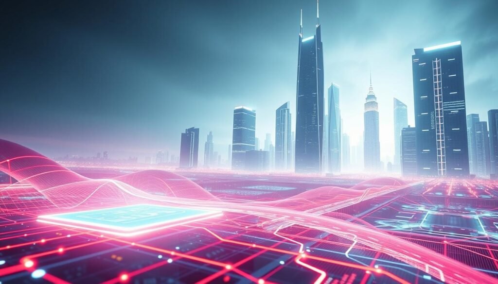 A futuristic, high-tech landscape with a dynamic, pulsing energy. In the foreground, a sleek, minimalist digital interface glows with vibrant hues, showcasing the latest software innovations. The middle ground features a network of interconnected data lines and digital pathways, representing the infrastructure of modern technology. In the background, towering skyscrapers of glass and steel rise up, casting a ethereal, neon-lit glow across the scene. Soft, diffused lighting illuminates the entire composition, creating a sense of depth and atmosphere. The overall mood is one of progress, innovation, and the seamless integration of digital technologies into our everyday lives.