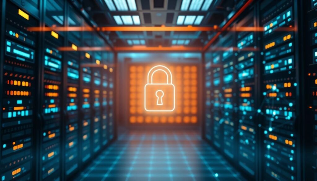 A high-tech data center with rows of secure blockchain servers casting a warm glow, surrounded by a shimmering blue grid representing the decentralized network. In the foreground, a futuristic lock icon hovers, symbolizing the robust encryption protocols that safeguard the blockchain's data. Subtle holographic displays showcase cryptographic algorithms and key management in action. The scene is bathed in a cool, futuristic light, conveying the cutting-edge technology that powers enterprise-grade blockchain security. A high-tech data center with rows of secure blockchain servers casting a warm glow, surrounded by a shimmering blue grid representing the decentralized network. In the foreground, a futuristic lock icon hovers, symbolizing the robust encryption protocols that safeguard the blockchain's data. Subtle holographic displays showcase cryptographic algorithms and key management in action. The scene is bathed in a cool, futuristic light, conveying the cutting-edge technology that powers enterprise-grade blockchain security.