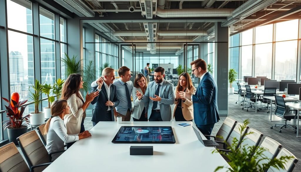 A lively, corporate office setting with employees engaged in an animated discussion around a conference table. The foreground features a diverse group of professionals in business attire, gesturing enthusiastically and referencing digital displays. The middle ground showcases a modern, glass-walled meeting room, bathed in warm, natural lighting from large windows. The background depicts an open office environment, with sleek workstations, potted plants, and a dynamic city skyline visible through the windows. The scene conveys a sense of productive collaboration and a forward-thinking approach to AI adoption strategies.