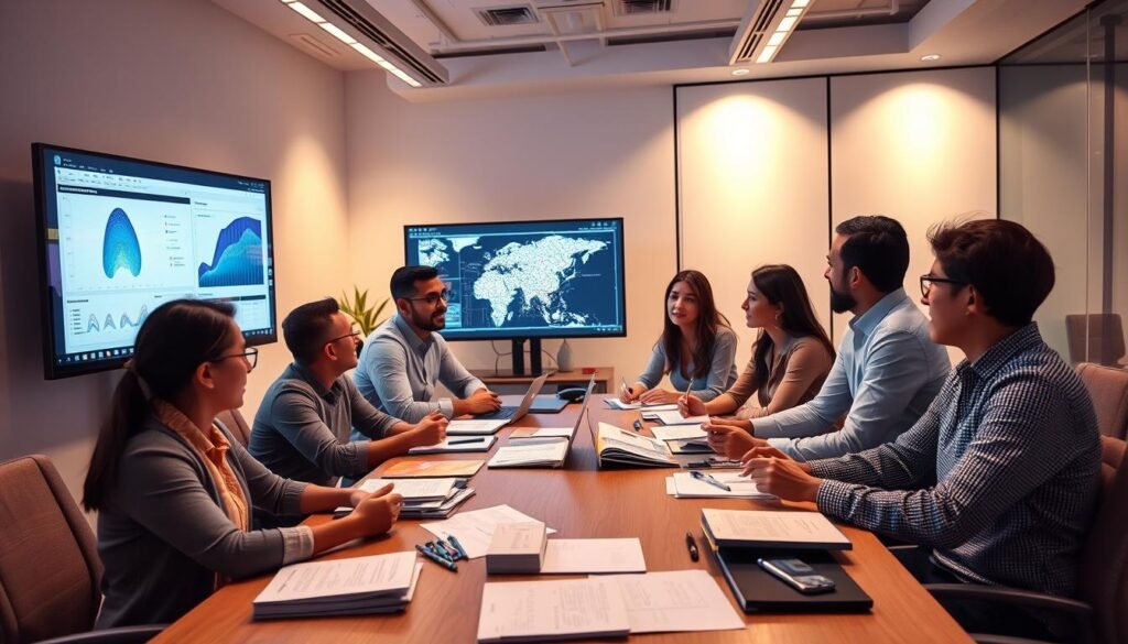 A modern office setting with a group of diverse professionals gathered around a conference table, deeply engaged in a collaborative AI training session. The room is bathed in a warm, ambient lighting, casting a soft glow on the participants as they review complex data visualizations and models displayed on sleek, high-resolution screens. In the foreground, a team leader gestures animatedly, guiding the discussion, while their colleagues take notes and offer insightful suggestions. The middle ground features a collection of reference materials, including textbooks, research papers, and coding manuals, underscoring the educational nature of the task at hand. In the background, the office is adorned with minimalist, cutting-edge decor, conveying a sense of innovation and technological prowess.