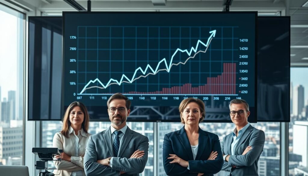 A modern office setting, with a large screen displaying a rapidly evolving graph representing the disruptive impact of new digital technologies on a traditional industry. The foreground features a team of business executives, their expressions a mix of concern and determination, as they strategize ways to adapt and capitalize on the digital transformation. The middle ground showcases cutting-edge devices and tools, symbolizing the technological advancements shaping the landscape. In the background, a cityscape of skyscrapers and infrastructure, hinting at the broader economic and societal shifts driven by digital disruption. Crisp lighting, a sense of urgency, and a color palette that evokes both the digital world and the corporate environment.