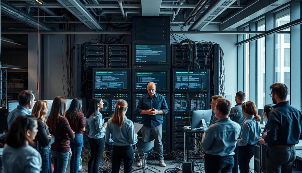 A modern office space with a team of professionals grappling with the challenges of integrating AI systems into their workflows. In the foreground, a group of office workers stand perplexed, surrounded by a tangle of wires and half-assembled hardware. The middle ground features a central AI control panel, its screens displaying error messages and status updates, while a lone IT technician furrows their brow in concentration. In the background, a towering server rack dominates the space, its blinking lights and hum creating an atmosphere of technological complexity. The overall mood is one of frustration and uncertainty, as the team struggles to find the balance between human expertise and AI automation.