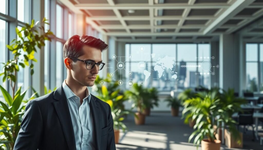 A serene, modern office interior with lush greenery and natural light pouring in through large windows. In the foreground, a smart-looking individual interacts with a sleek, minimalist display interface, showcasing effortless cognitive automation technologies that enhance the customer experience. The middle ground features a stylized representation of data flows, algorithms, and AI-powered insights, all working in harmony to optimize processes. The background subtly hints at a bustling city skyline, symbolizing the interconnected, global nature of modern business. The overall atmosphere is one of streamlined efficiency, technological mastery, and a human-centric approach to digital transformation.