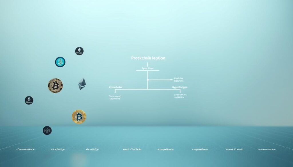 A sleek, minimalist rendering of a blockchain protocol selection process. In the foreground, various blockchain icons (Bitcoin, Ethereum, Hyperledger, etc.) float weightlessly, as if suspended in a digital ether. The middle ground features a stylized decision tree, with branching paths representing the strategic considerations of enterprise adoption - scalability, consensus mechanisms, smart contract capabilities, and more. The background is a softly lit, gradient-filled expanse, imparting a sense of depth and technological sophistication. The overall mood is one of clarity, focus, and informed decision-making, reflecting the "Strategic Approach to Enterprise Blockchain Adoption". A sleek, minimalist rendering of a blockchain protocol selection process. In the foreground, various blockchain icons (Bitcoin, Ethereum, Hyperledger, etc.) float weightlessly, as if suspended in a digital ether. The middle ground features a stylized decision tree, with branching paths representing the strategic considerations of enterprise adoption - scalability, consensus mechanisms, smart contract capabilities, and more. The background is a softly lit, gradient-filled expanse, imparting a sense of depth and technological sophistication. The overall mood is one of clarity, focus, and informed decision-making, reflecting the "Strategic Approach to Enterprise Blockchain Adoption".