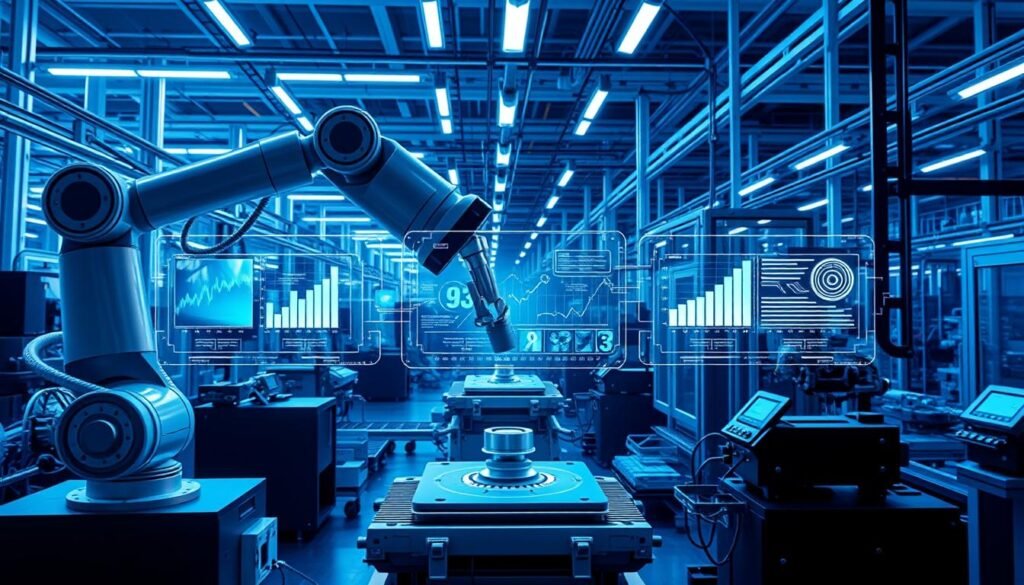 A sleek, modern manufacturing facility with advanced robotic arms and automated machinery, bathed in a cool, blue-tinted lighting. The foreground features a robotic arm gracefully maneuvering a metallic component, while in the middle ground, a series of holographic displays showcase real-time analytics and production data. The background is filled with a network of interconnected machines, sensors, and control panels, all working in harmony to create a seamless, efficient manufacturing process. The overall atmosphere conveys a sense of technological sophistication and the future of industry 4.0. A sleek, modern manufacturing facility with advanced robotic arms and automated machinery, bathed in a cool, blue-tinted lighting. The foreground features a robotic arm gracefully maneuvering a metallic component, while in the middle ground, a series of holographic displays showcase real-time analytics and production data. The background is filled with a network of interconnected machines, sensors, and control panels, all working in harmony to create a seamless, efficient manufacturing process. The overall atmosphere conveys a sense of technological sophistication and the future of industry 4.0.