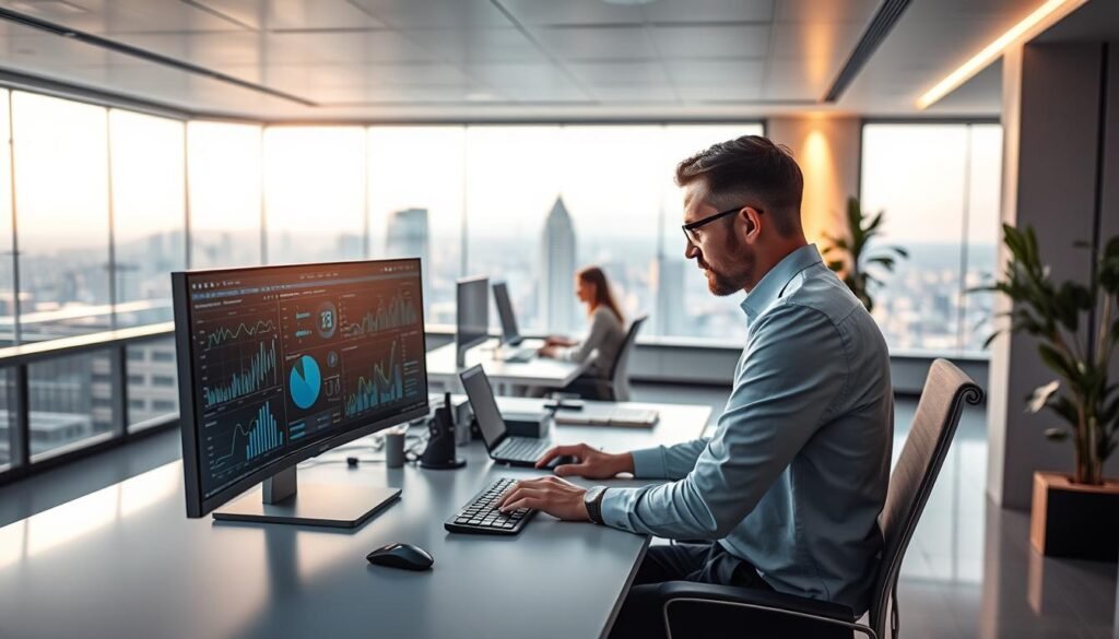 AI integration in workplaces- A sleek, modern office interior with a large desk and computer setup, illuminated by soft, diffused lighting. In the foreground, a worker intently examines data visualizations on their screen, conveying the enhanced efficiency and data-driven decision-making enabled by AI technologies. In the middle ground, co-workers collaborate seamlessly, their workflow streamlined by intelligent automation tools. The background features a panoramic cityscape, hinting at the broader impact of AI on the workplace and the urban landscape. The overall mood is one of focused productivity, innovation, and a sense of the future.
