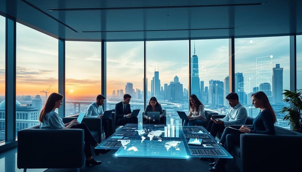 A sleek, modern office interior with minimalist furniture and floor-to-ceiling windows overlooking a vibrant city skyline. In the foreground, a team of young professionals using cutting-edge laptops and tablets to collaborate on a digital innovation project. Warm, diffused lighting casts a focused glow on their work, while the middle ground features abstract holographic displays showcasing various data visualizations and digital prototypes. The background captures the bustling energy of the city, with towering skyscrapers and futuristic transportation systems hinting at the transformative potential of digital innovation.