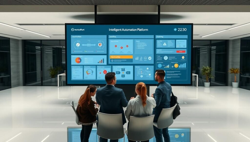 A sleek, modern office setting with a large display screen showcasing an intelligent automation platform. The foreground features a team of professionals collaboratively interacting with the platform, their expressions conveying a sense of efficiency and productivity. The middle ground depicts various workflow diagrams and visualizations, highlighting the platform's key capabilities. The background features a minimalist, well-lit workspace with clean lines and contemporary design elements, creating an atmosphere of innovation and technological advancement. The overall scene conveys the benefits of implementing an intelligent automation platform to streamline workflows and enhance organizational productivity.