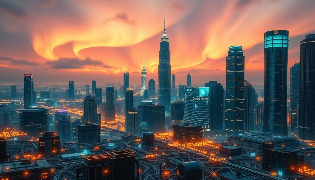 A sophisticated cityscape bathed in warm, incandescent lighting. In the foreground, a network of sleek, interconnected machinery emblematic of cognitive automation, its circuits and components seamlessly integrated. In the middle ground, towering skyscrapers with holographic displays and floating data visualizations, representing the intelligent infrastructure of the digital age. In the background, a vibrant aurora borealis-like phenomenon, symbolizing the cutting-edge technological advancements that power cognitive automation. Soft, ambient hues with a touch of futuristic elegance permeate the scene, creating an atmosphere of innovation and progress.