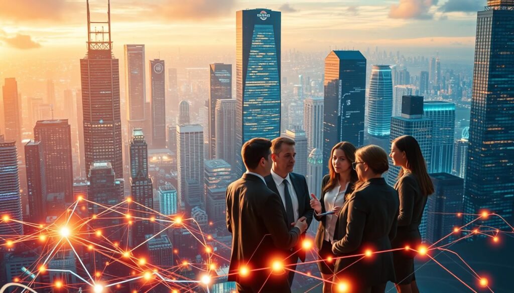 A sprawling cityscape of gleaming skyscrapers, pulsing with the energy of a digital revolution. In the foreground, a network of glowing circuits and data streams intertwine, symbolizing the integration of technology into every aspect of the modern business landscape. The middle ground features a team of professionals, their faces illuminated by the glow of holographic displays, as they collaborate on a strategic roadmap for digital transformation. The background is bathed in a warm, futuristic glow, hinting at the immense possibilities that lie ahead for companies willing to embrace the digital future. The scene is captured through the lens of a high-resolution camera, lending a sense of cinematic grandeur to the image.
