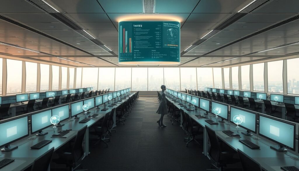 A sprawling office floor, filled with rows of sleek, futuristic workstations. Hovering above each desk, a translucent holographic display projects data and task lists. Supervisory AIs, rendered as minimalist humanoid figures, move between the stations, directing the work of their digital "employees" - autonomous software agents manifested as glowing orbs. The scene is bathed in a warm, diffuse lighting that emanates from the ceiling, creating a serene, productive atmosphere. In the background, the cityscape outside the panoramic windows is shrouded in a soft haze, underscoring the self-contained, hyper-efficient nature of this AI-driven workspace.