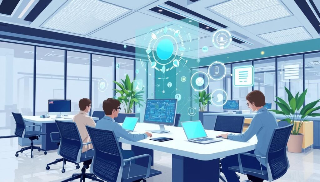 AI integration in workplaces- An image representing AI tools in a modern workplace