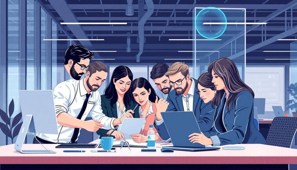An image representing AI workers in a modern business setting