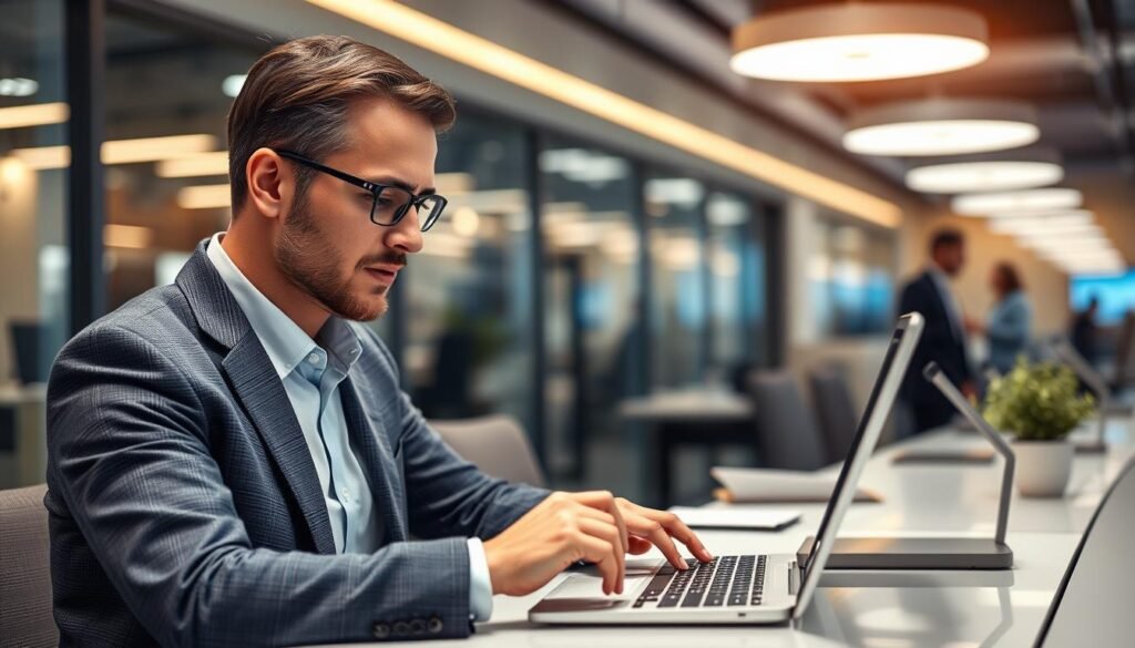 Generate an image of a banking professional using a cognitive automation tool to process transactions.