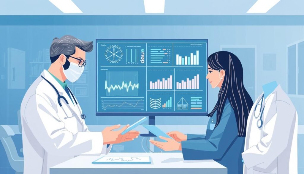 Generate an image of healthcare professionals using cognitive automation for patient data analysis.