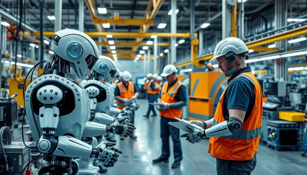 Image generation prompt: A factory floor with AI-powered robots and machines working alongside human workers. Image generation prompt: A factory floor with AI-powered robots and machines working alongside human workers.