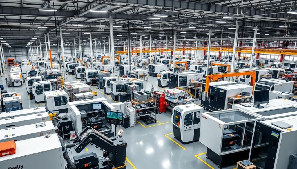 Image generation prompt: A manufacturing plant with various machines connected to a central monitoring system via IoT devices. Image generation prompt: A manufacturing plant with various machines connected to a central monitoring system via IoT devices.